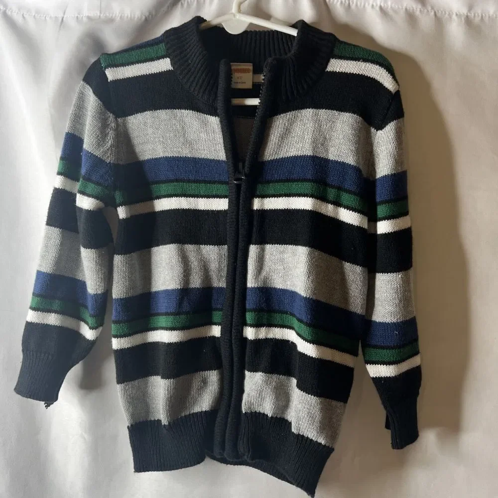Gymboree Striped Sweater 2T Full Zip Up Toddler Boy Girl Black‎ Gray Blue Green